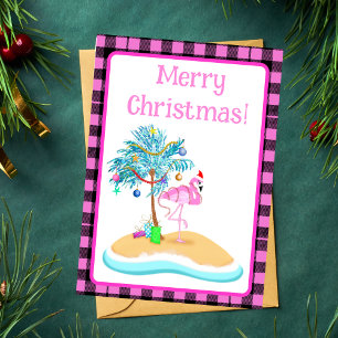 Pink Christmas Flamingo And Glitter Palm Tree Holiday Card