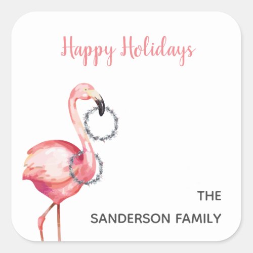 Pink Christmas Flamingo Wreathes l Happy Holidays Square Sticker