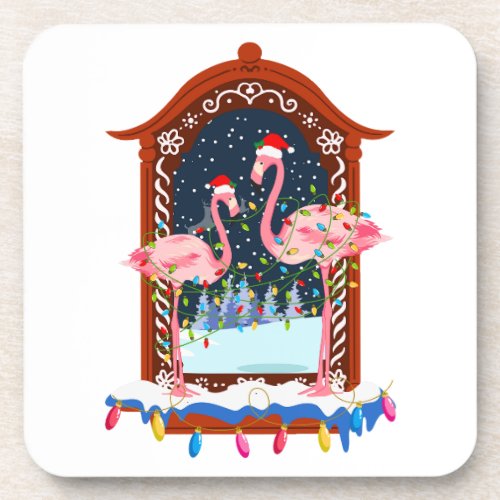 Pink Christmas Flamingos holiday Beverage Coaster