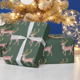 Pink Christmas Floral Reindeer Woodland Vintage  Wrapping Paper