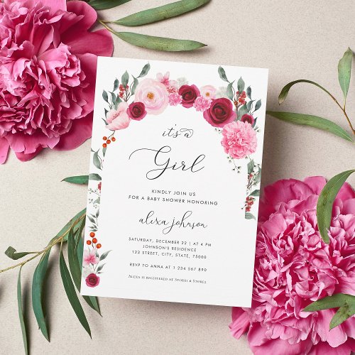 Pink Christmas Floral  Winter Girl Baby Shower Invitation