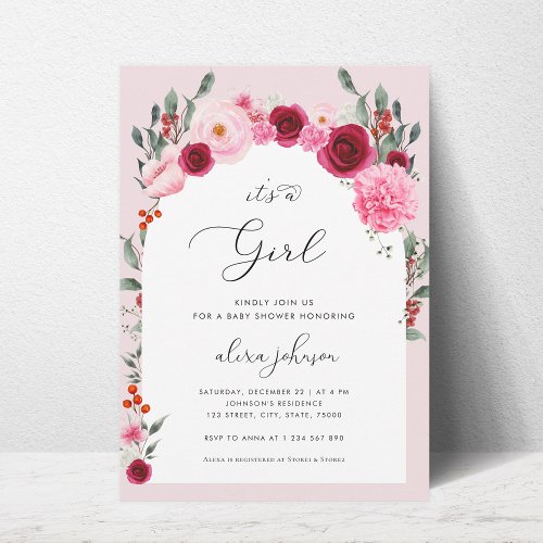 Pink Christmas Floral  Winter Girl Baby Shower Invitation