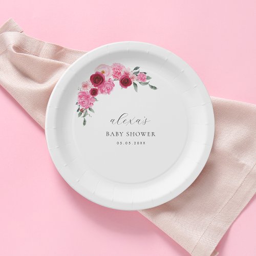 Pink Christmas Floral  Winter Girl Baby Shower Paper Plates