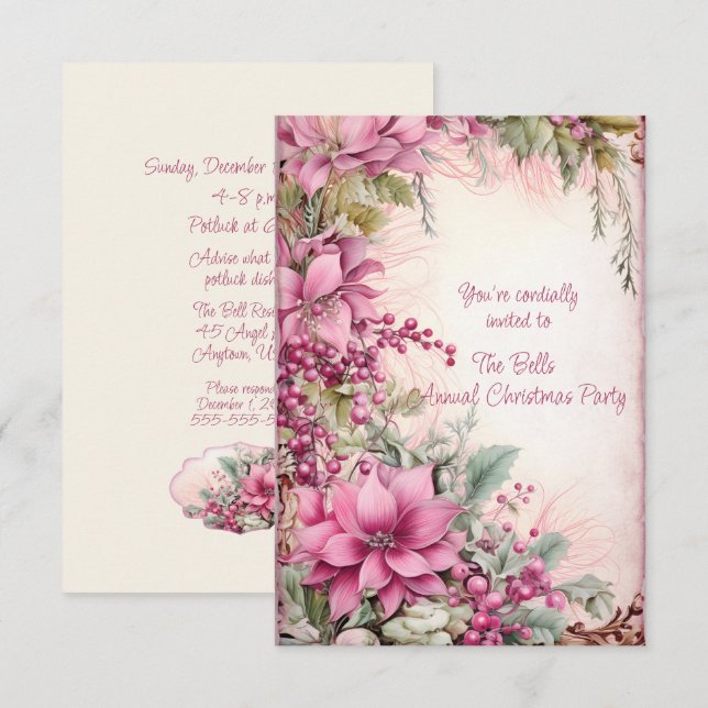 Pink Christmas Flowers Annual Christmas Party  Invitation (Front/Back)