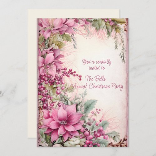 Pink Christmas Flowers Annual Christmas Party  Invitation