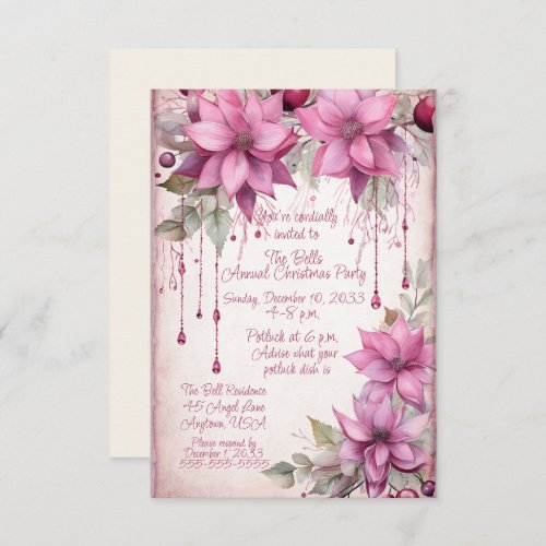 Pink Christmas Flowers Annual Christmas Party  Invitation