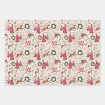 Pink Christmas Forest Gift Wrap, Sheet Set of 3