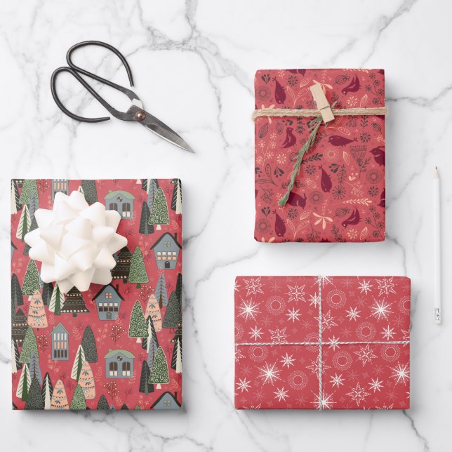 Pink Christmas Forest Village Birds Snowflakes Wrapping Paper Sheets (Front)