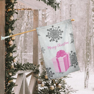 Pink Christmas Gift Holiday House Flag