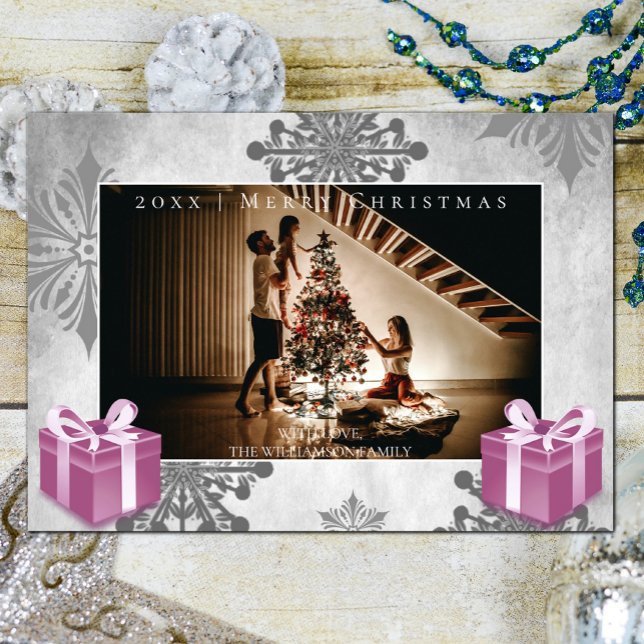 Pink Christmas Gifts and Snowflakes Photo Card (Pink Christmas Gifts and Snowflakes Holiday Photo Card)
