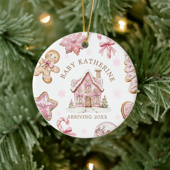 Pink Christmas Gingerbread Cookie Baby Arriving Ceramic Ornament (Tree)
