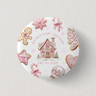 Pink Christmas Gingerbread Cookie Baby Shower Girl Button