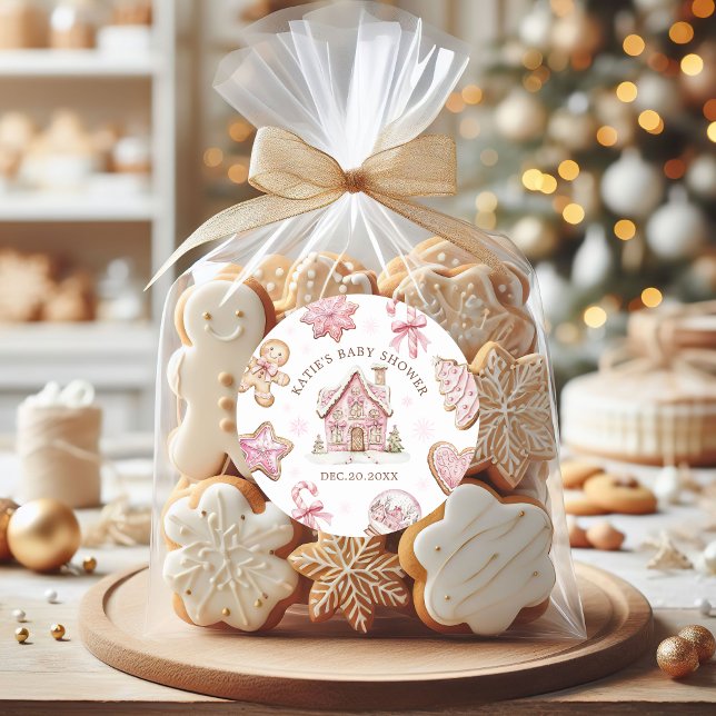 Pink Christmas Gingerbread Cookie Baby Shower Girl Classic Round Sticker (Creator Uploaded)