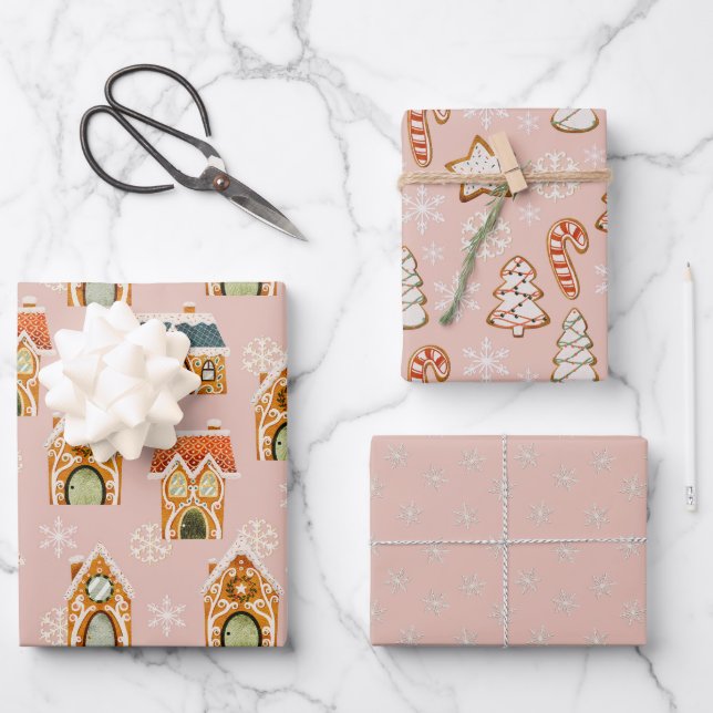 Pink Christmas Gingerbread Cookies Snowflakes Wrapping Paper Sheets (Front)