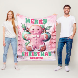 Pink Christmas Gingerbread Personalized Kids Name Fleece Blanket