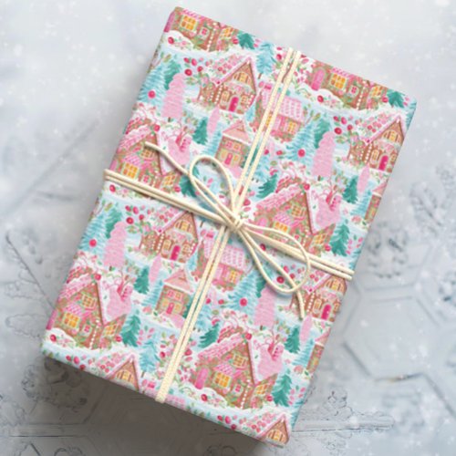 Pink Christmas Gingerbread Town Wrapping Paper