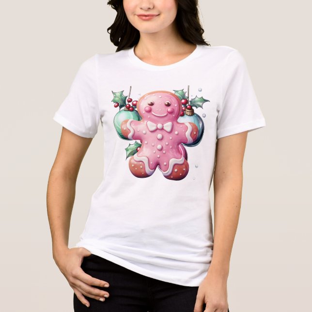 Pink Christmas Gingerbread Tri-Blend Shirt (Front)