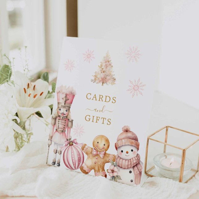 Pink Christmas Girl Baby Shower Cards and Gifts Pedestal Sign (Pink Winter Baby Shower Cards and Gifts Sign)