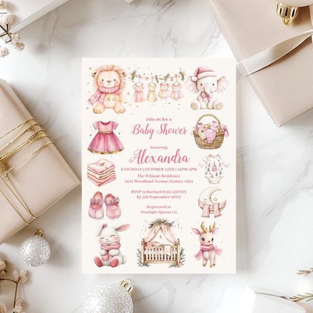 Pink Christmas Girl Collage Baby Shower Invitation (Creator Uploaded)