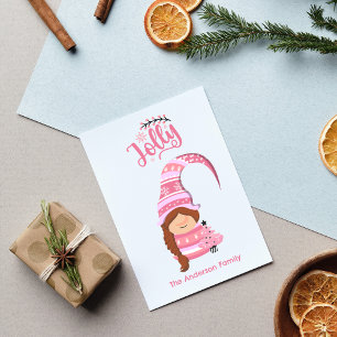 Pink Christmas Girl Gnome With Braid Hair Jolly Holiday Card