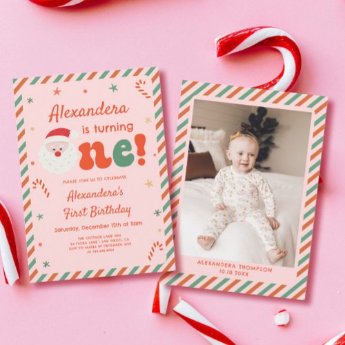 Pink Christmas Girl Photo 1st Birthday Invitation