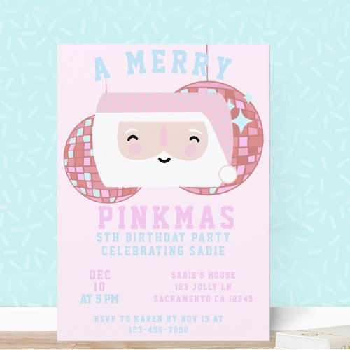 Pink Christmas Girls Disco Birthday Party Invitation