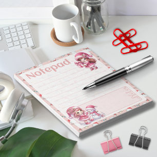 Pink Christmas Girls Snowman Winter Party Notepad