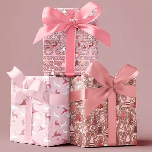 Pink  Christmas  Glitter Look Trees Reindeer  Wrapping Paper Sheets