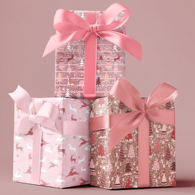 Pink  Christmas  Glitter Look Trees Reindeer  Wrapping Paper Sheets (Creator Uploaded)
