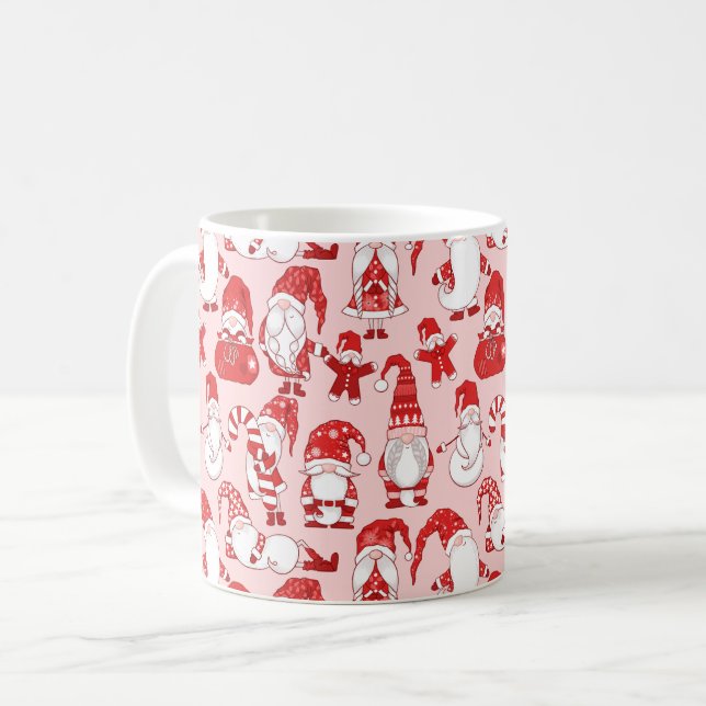 Pink Christmas Gnome & Gingerbread Pattern Coffee Mug (Front Left)