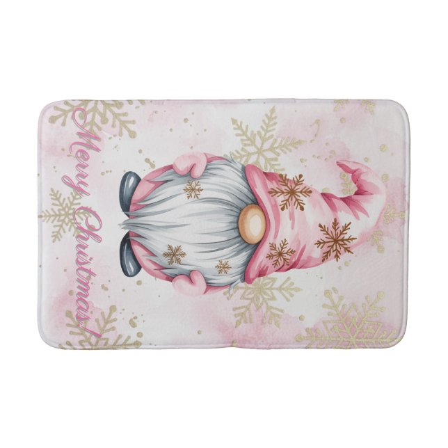 Pink Christmas Gnome Gold Snowflakes Bath Mat (Front)