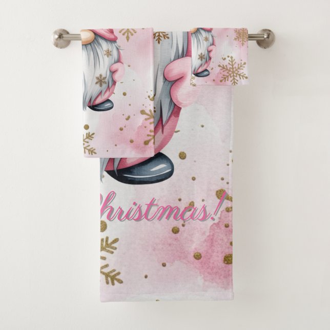 Pink Christmas Gnome Gold Snowflakes Bath Towel Set (Insitu)
