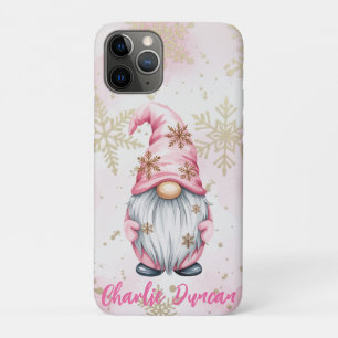 Pink Christmas Gnome Gold Snowflakes iPhone 11 Pro Case
