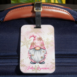 Pink Christmas Gnome Gold Snowflakes Luggage Tag