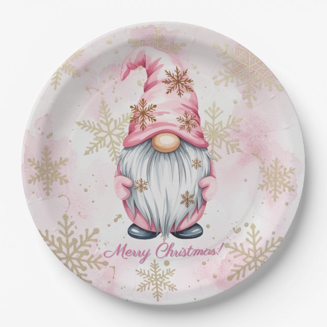 Pink Christmas Gnome Gold Snowflakes Paper Plates (Front)