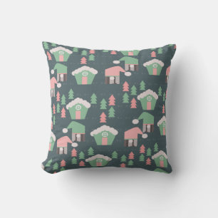 Pink Christmas Gnome Village Gingerbread Houses Throw Pillow
