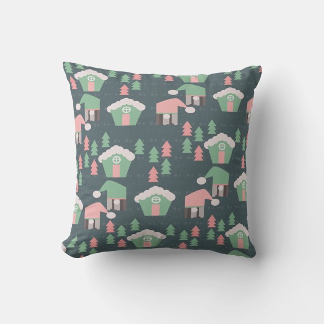 Pink Christmas Gnome Village Gingerbread Houses Throw Pillow (Front)