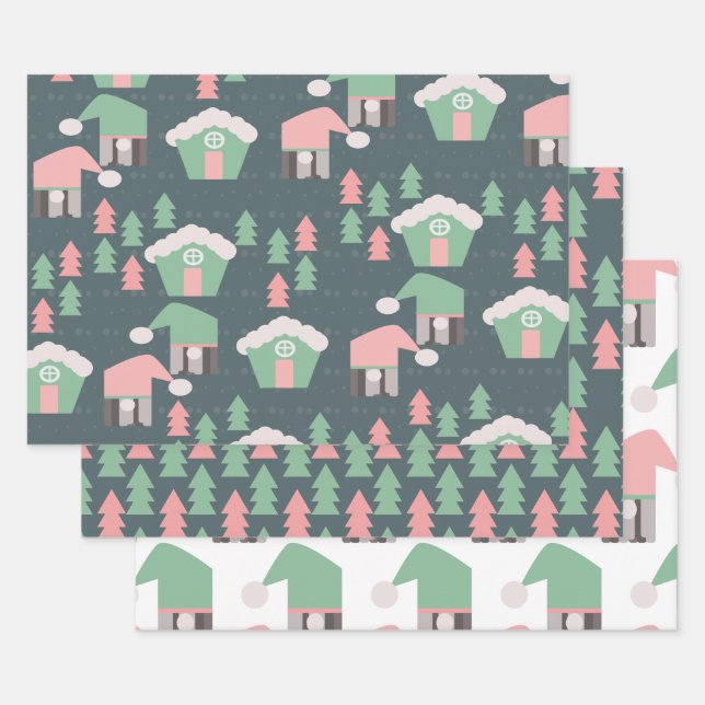 Pink Christmas Gnomes Village City Wrapping Paper Sheets (Set)