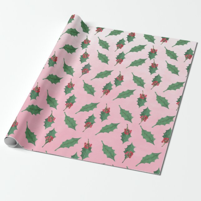 Pink Christmas Green Holly Red Berries Holiday Wrapping Paper (Unrolled)