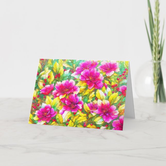 Pink Christmas Holiday Flower Art Card (Front)