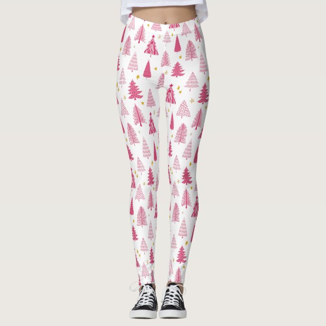 Pink Christmas Holiday tree Leggings (Front)