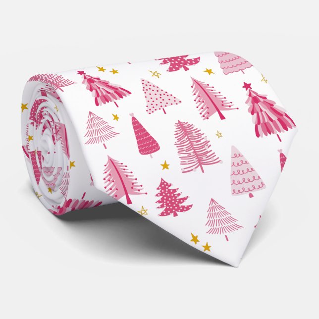 Pink Christmas Holiday tree Neck Tie (Rolled)