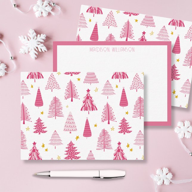 Pink Christmas Holiday tree Note Card (Pink personalized Christmas holiday notecards in woodland forest illustration. )