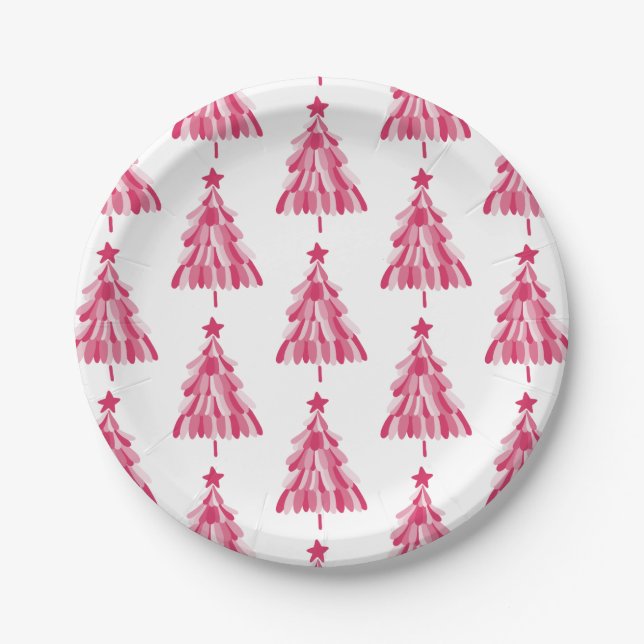 Pink Christmas Holiday tree Paper Plates (Front)