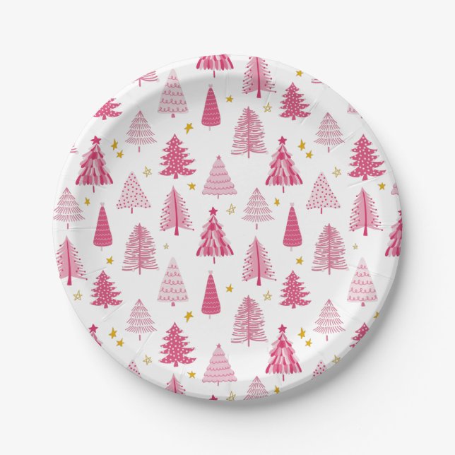 Pink Christmas Holiday tree Paper Plates (Front)