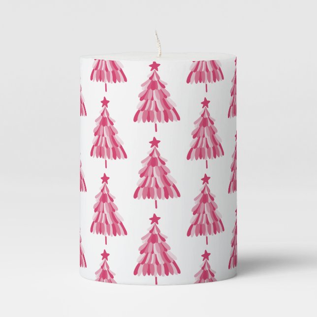 Pink Christmas Holiday tree Pillar Candle (Front)