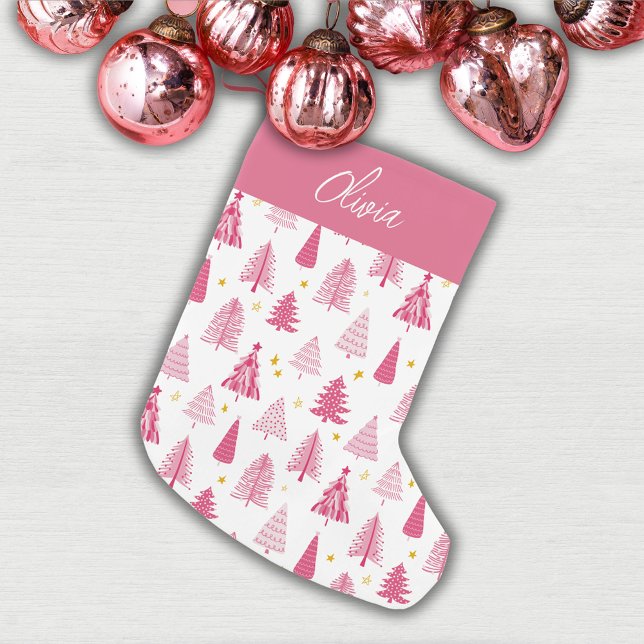 Pink Christmas Holiday tree Small Christmas Stocking (Pink winter woodland Christmas tree design stocking, perfect fotrthe holiday season.)