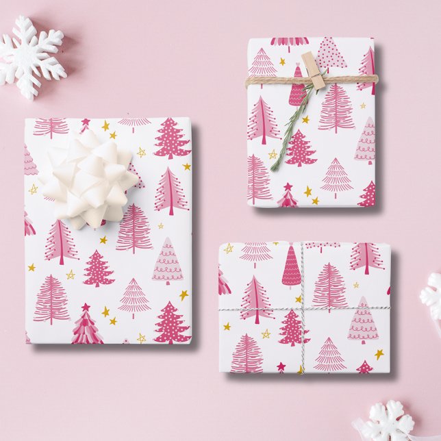 Pink Christmas Holiday tree Wrapping Paper Sheets (Christmas Holiday Pink Christmas tree pattern wrapping paper, winter woodland forest.)