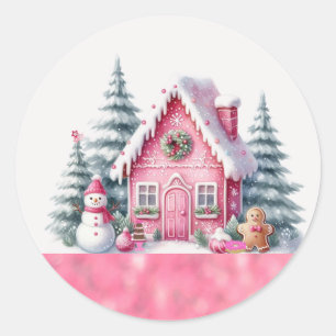 Pink Christmas Holiday Village Gingerbread House Classic Round Sticker