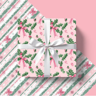 Pink Christmas Holly Candy Canes And Bows Wrapping Paper Sheets